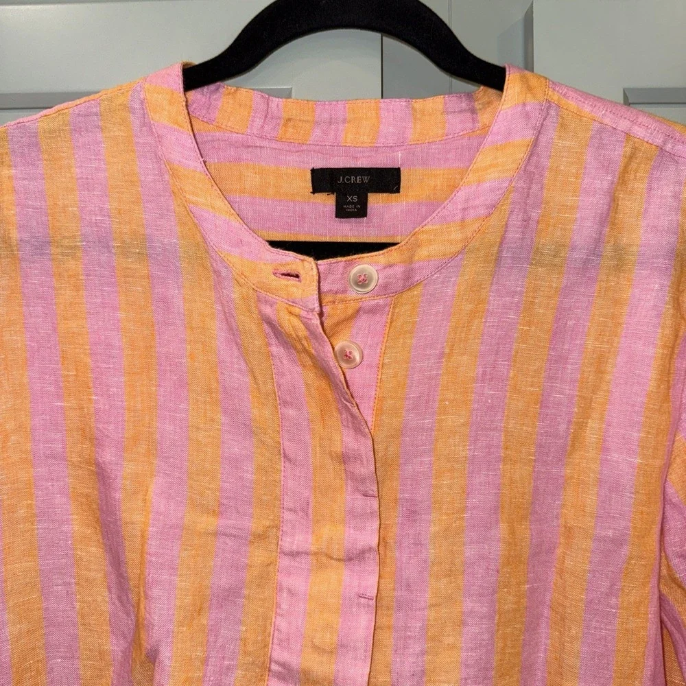 J. Crew Women's 100%‎ Linen Tunic Pink/Orange Striped Size XS Popover Blouse